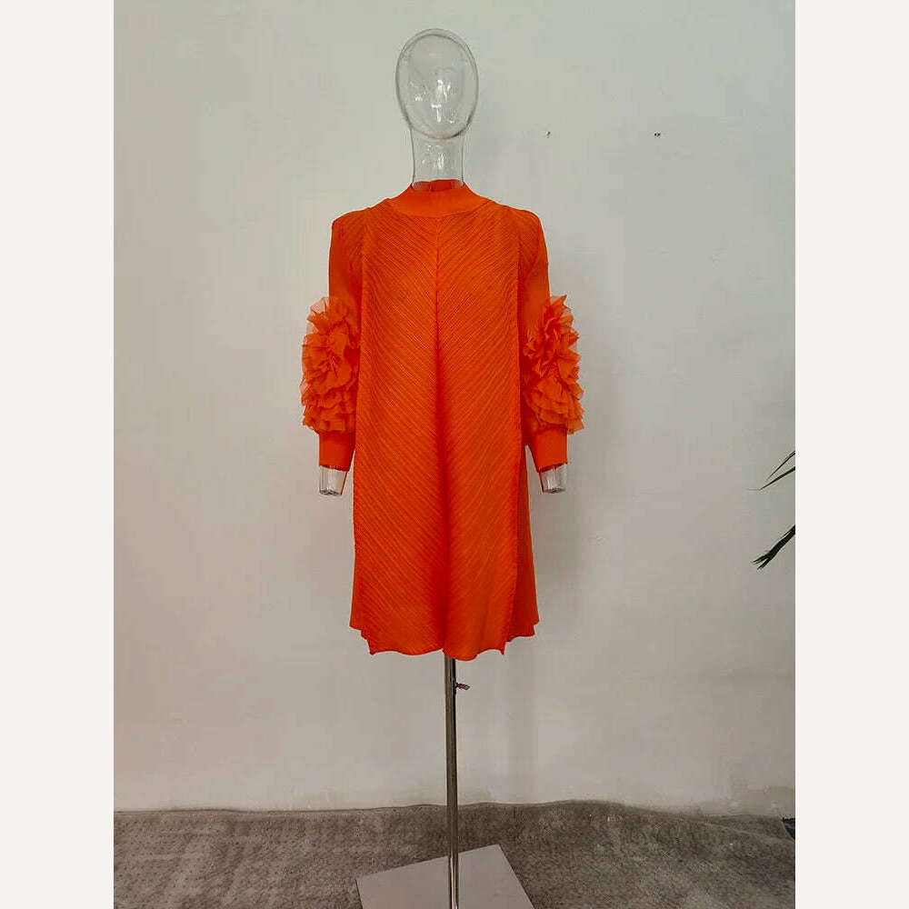 Elegant Vintage Style DEAT Woman Pleated Midi Dress with Ruffles Mesh Long Sleeve Half Turtleneck for Early Autumn Fashion - KIMLUD