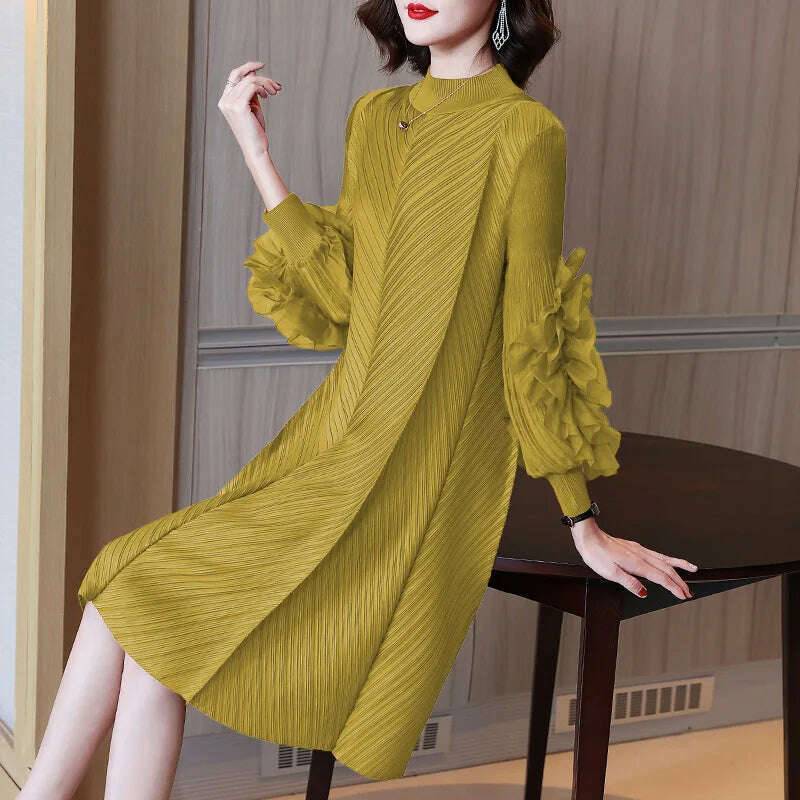 Elegant Vintage Style DEAT Woman Pleated Midi Dress with Ruffles Mesh Long Sleeve Half Turtleneck for Early Autumn Fashion - KIMLUD