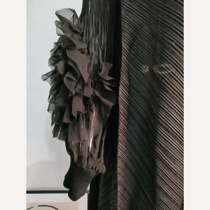 Elegant Vintage Style DEAT Woman Pleated Midi Dress with Ruffles Mesh Long Sleeve Half Turtleneck for Early Autumn Fashion - KIMLUD