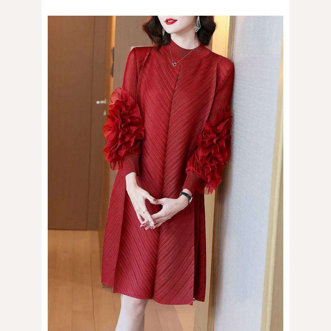 Elegant Vintage Style DEAT Woman Pleated Midi Dress with Ruffles Mesh Long Sleeve Half Turtleneck for Early Autumn Fashion - KIMLUD