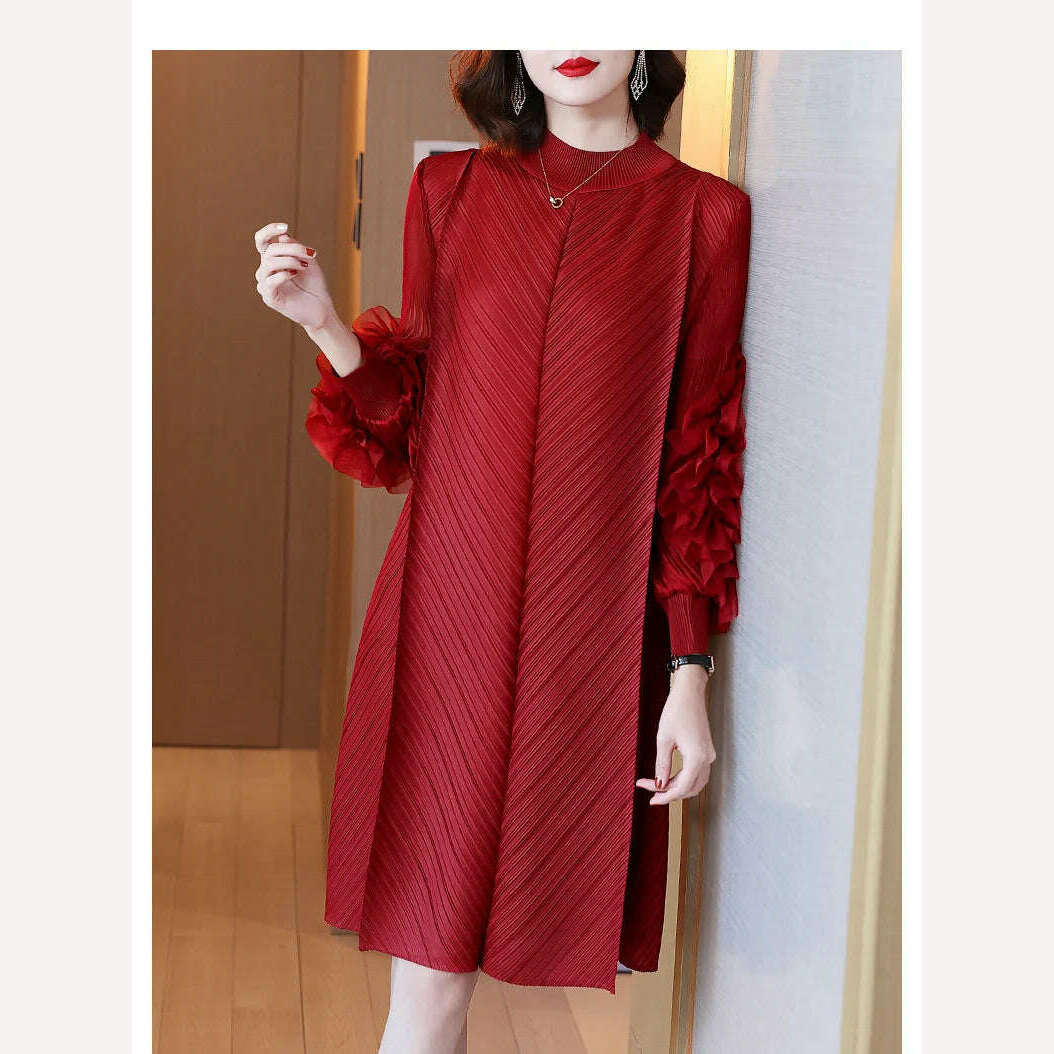 Elegant Vintage Style DEAT Woman Pleated Midi Dress with Ruffles Mesh Long Sleeve Half Turtleneck for Early Autumn Fashion - KIMLUD