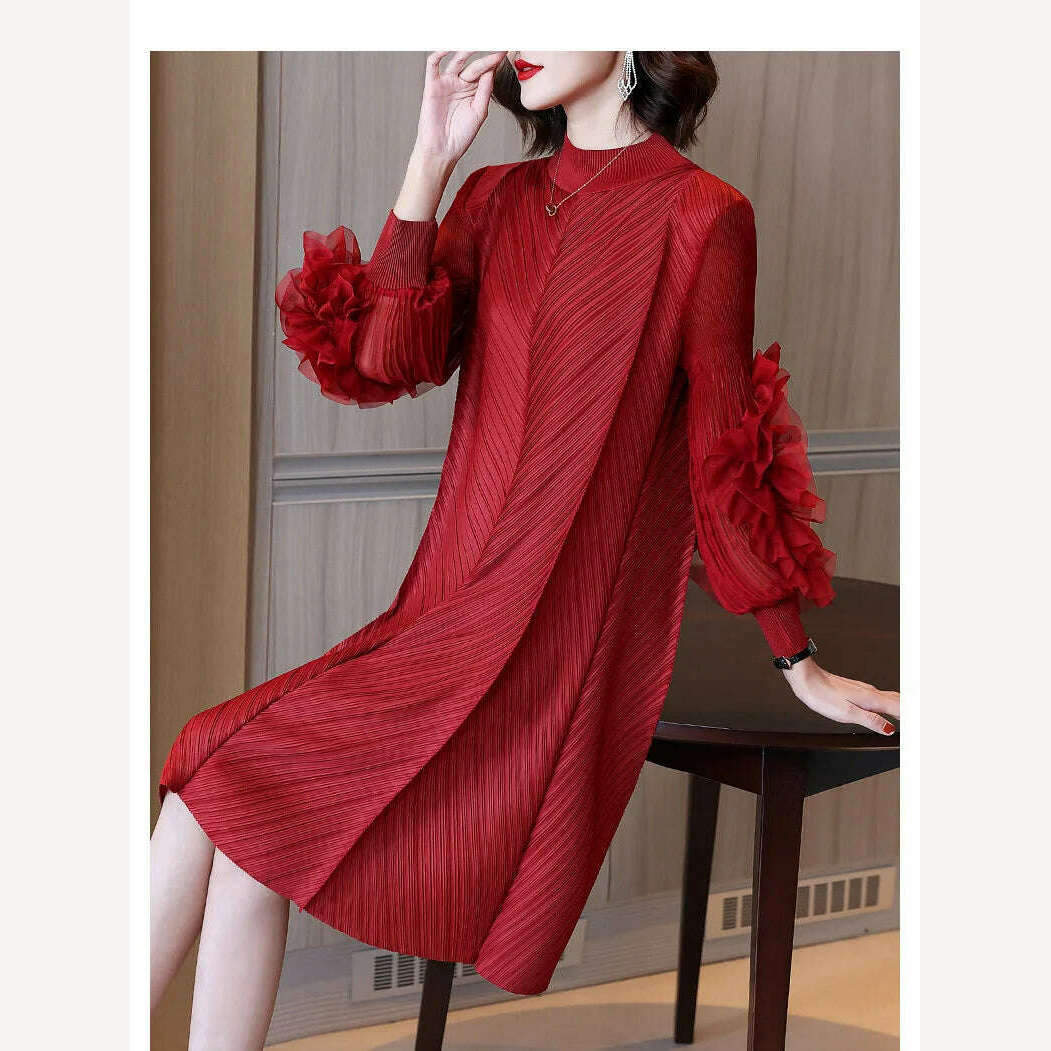 Elegant Vintage Style DEAT Woman Pleated Midi Dress with Ruffles Mesh Long Sleeve Half Turtleneck for Early Autumn Fashion - KIMLUD