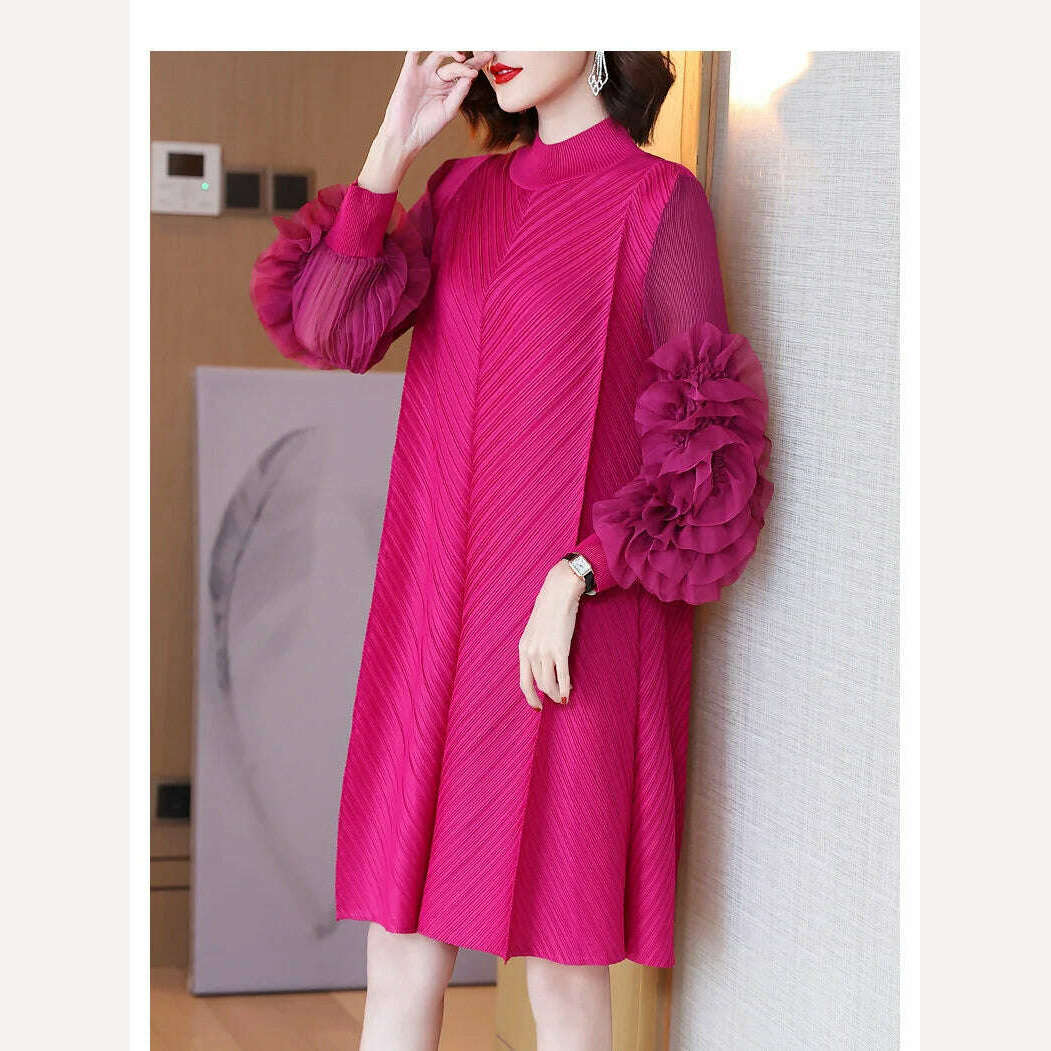 Elegant Vintage Style DEAT Woman Pleated Midi Dress with Ruffles Mesh Long Sleeve Half Turtleneck for Early Autumn Fashion - KIMLUD