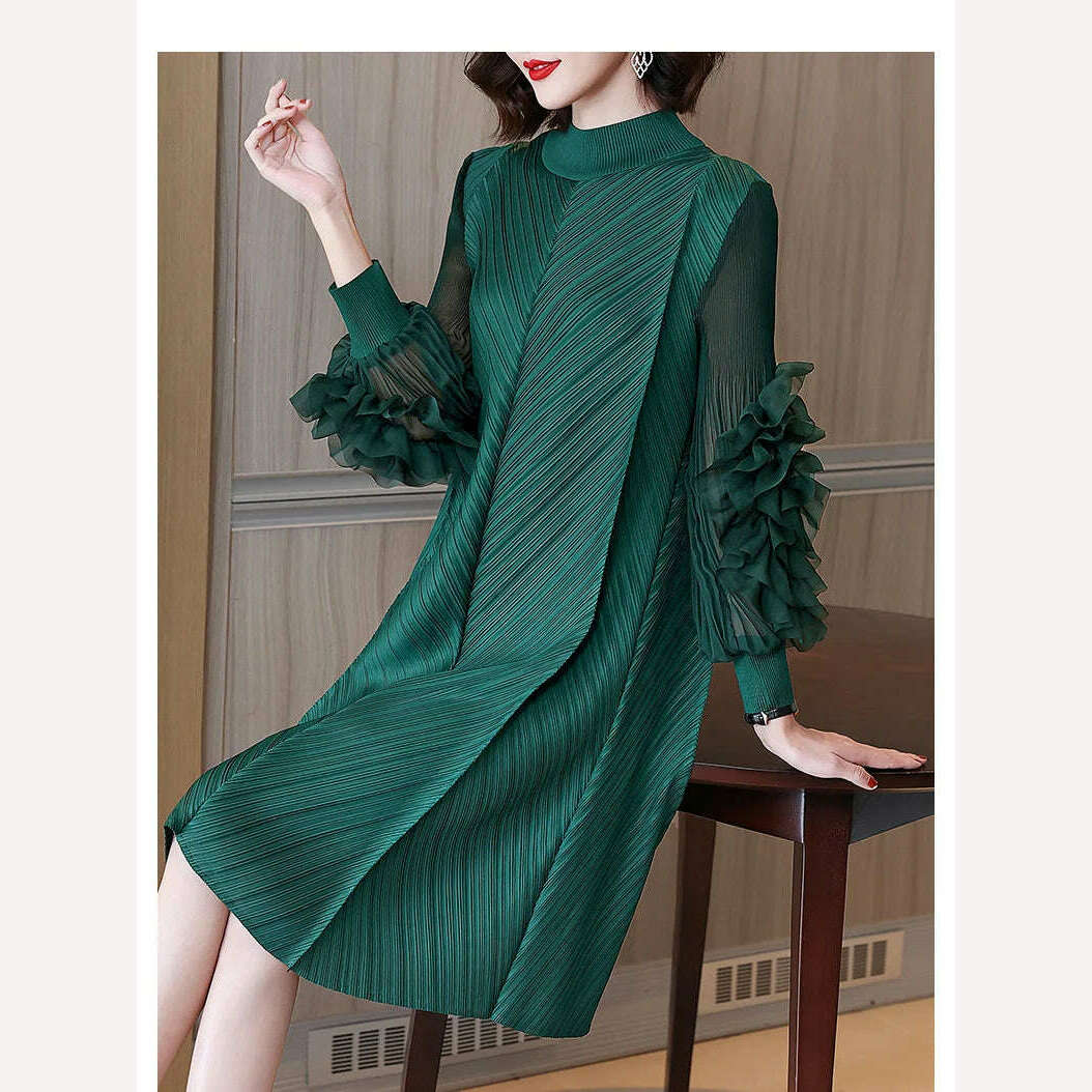 Elegant Vintage Style DEAT Woman Pleated Midi Dress with Ruffles Mesh Long Sleeve Half Turtleneck for Early Autumn Fashion - KIMLUD