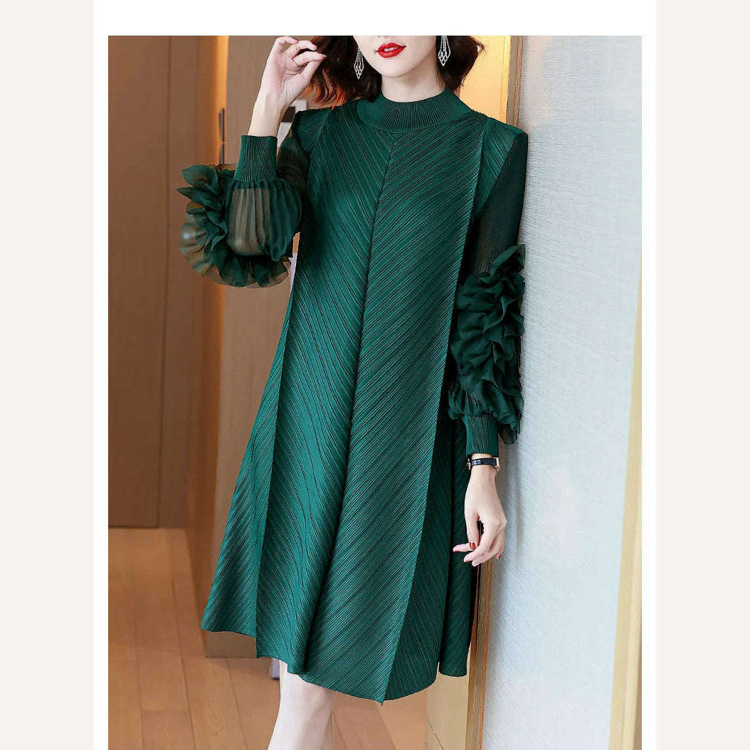 Elegant Vintage Style DEAT Woman Pleated Midi Dress with Ruffles Mesh Long Sleeve Half Turtleneck for Early Autumn Fashion - KIMLUD