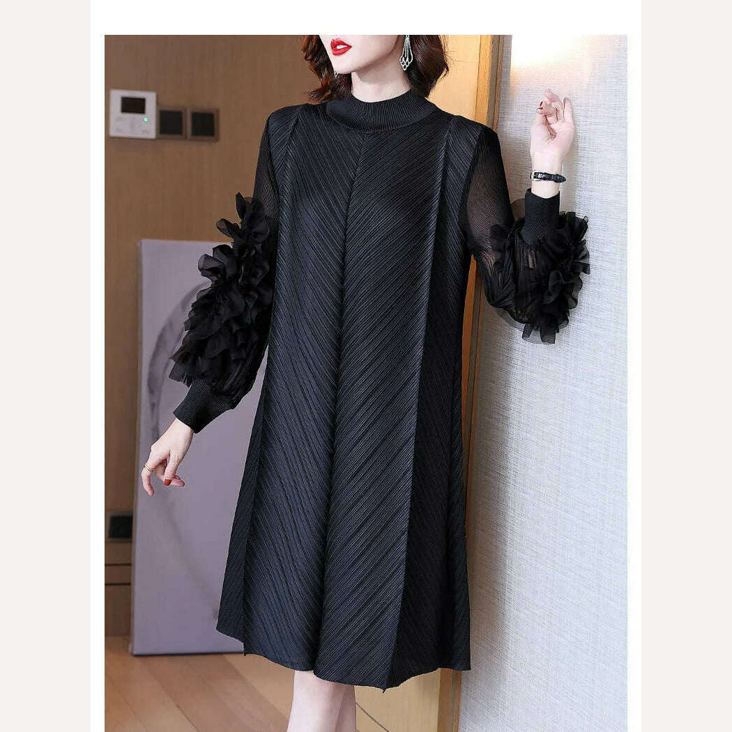Elegant Vintage Style DEAT Woman Pleated Midi Dress with Ruffles Mesh Long Sleeve Half Turtleneck for Early Autumn Fashion - KIMLUD