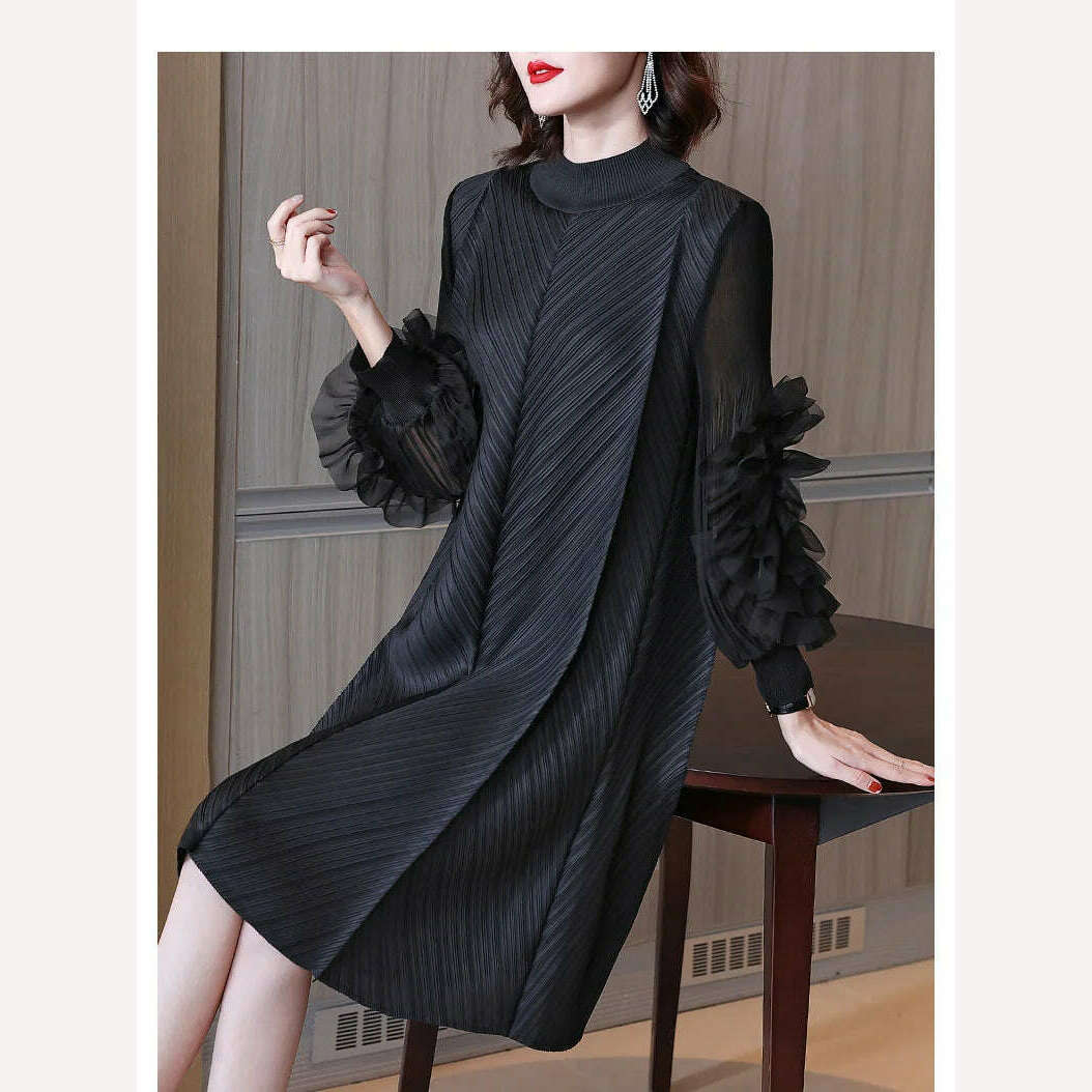 Elegant Vintage Style DEAT Woman Pleated Midi Dress with Ruffles Mesh Long Sleeve Half Turtleneck for Early Autumn Fashion - KIMLUD
