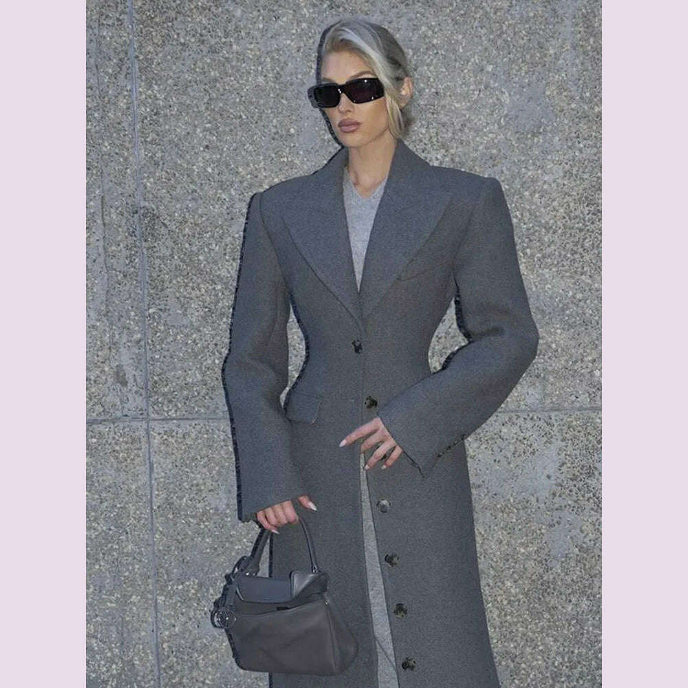 KIMLUD, Elegant Waist Up Single Breasted Wool Blends Overcoat Women Fashion Lapel Slim Fits Long Coats Winter New Commute Lady Outwear, KIMLUD Womens Clothes
