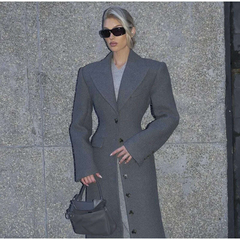 KIMLUD, Elegant Waist Up Single Breasted Wool Blends Overcoat Women Fashion Lapel Slim Fits Long Coats Winter New Commute Lady Outwear, KIMLUD Womens Clothes