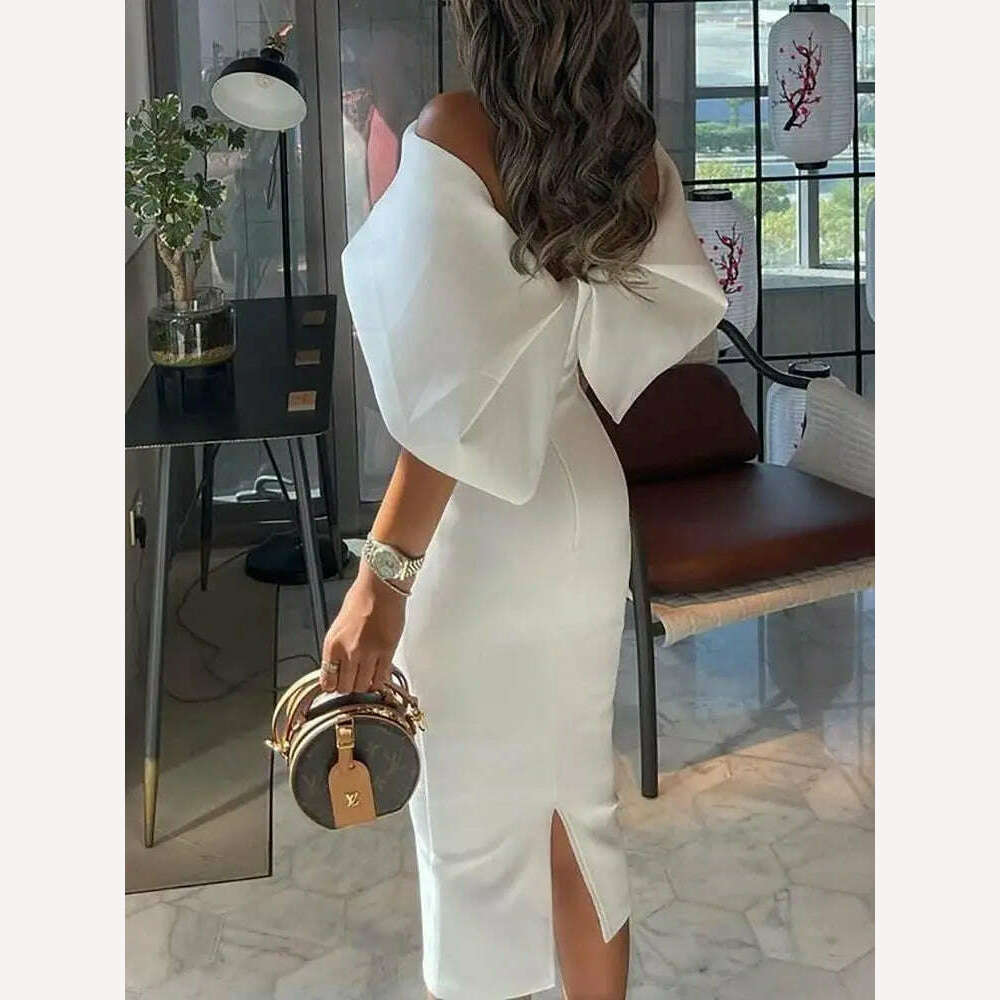 KIMLUD, Elegant White Dress Women Summer Off Shoulder Cape Design Splicing Skinny Dress Party Vestidos Woman Evening Party Dresses White, KIMLUD Womens Clothes