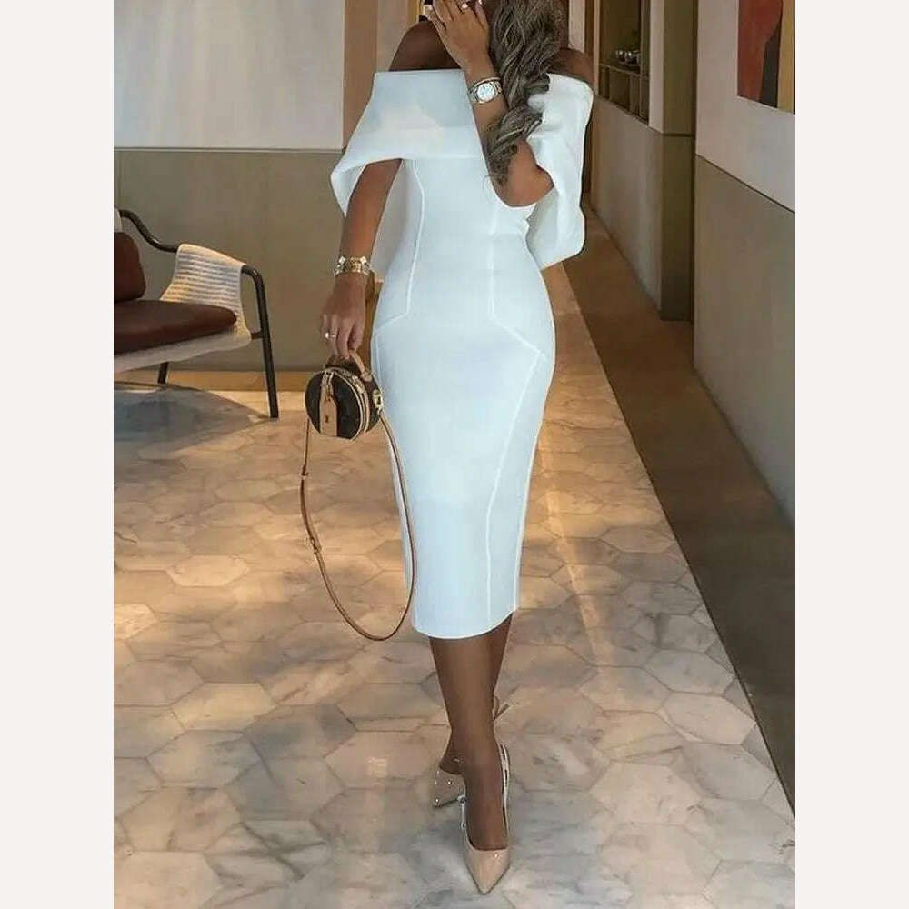 KIMLUD, Elegant White Dress Women Summer Off Shoulder Cape Design Splicing Skinny Dress Party Vestidos Woman Evening Party Dresses White, KIMLUD Womens Clothes