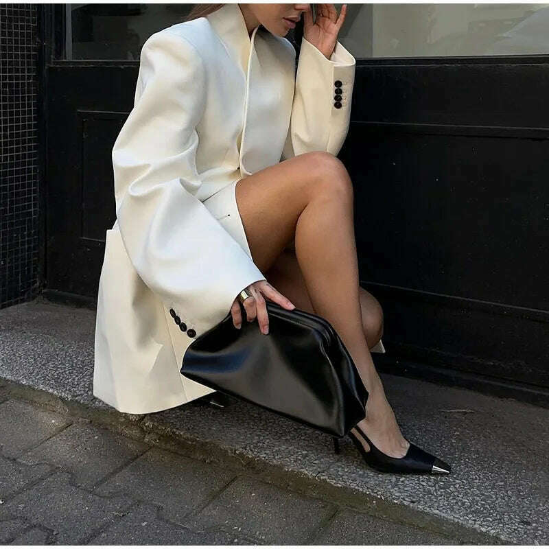 KIMLUD, Elegant White Stand Collar Double Pocket Jacket Women Fashion Long Sleeves Cuff Buttons Blazer 2024 Autumn Office Lady Outwear, KIMLUD Womens Clothes