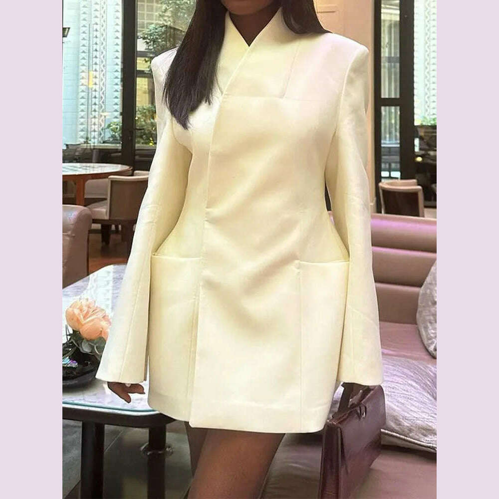 KIMLUD, Elegant White Stand Collar Double Pocket Jacket Women Fashion Long Sleeves Cuff Buttons Blazer 2024 Autumn Office Lady Outwear, KIMLUD Womens Clothes