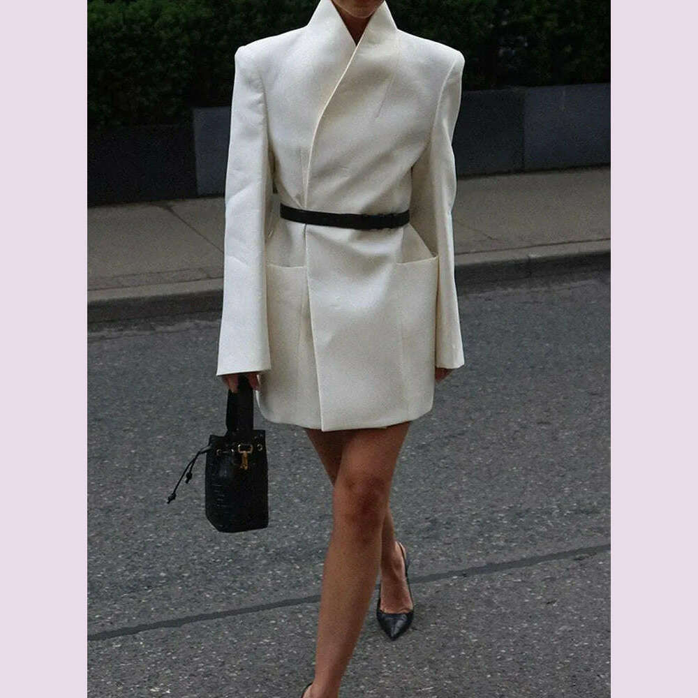 KIMLUD, Elegant White Stand Collar Double Pocket Jacket Women Fashion Long Sleeves Cuff Buttons Blazer 2024 Autumn Office Lady Outwear, KIMLUD Womens Clothes