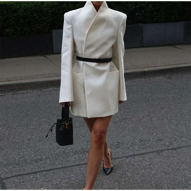 KIMLUD, Elegant White Stand Collar Double Pocket Jacket Women Fashion Long Sleeves Cuff Buttons Blazer 2024 Autumn Office Lady Outwear, KIMLUD Womens Clothes