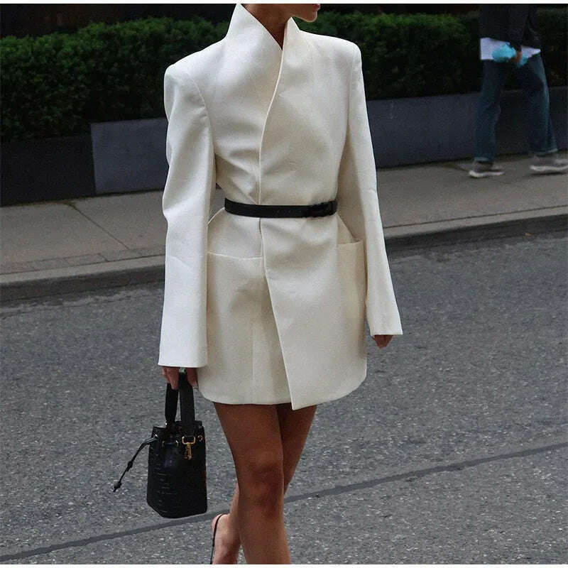 KIMLUD, Elegant White Stand Collar Double Pocket Jacket Women Fashion Long Sleeves Cuff Buttons Blazer 2024 Autumn Office Lady Outwear, KIMLUD Womens Clothes