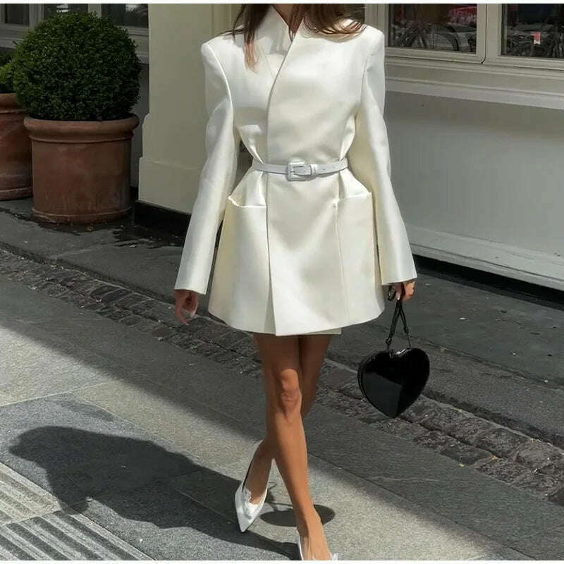 KIMLUD, Elegant White Stand Collar Double Pocket Jacket Women Fashion Long Sleeves Cuff Buttons Blazer 2024 Autumn Office Lady Outwear, KIMLUD Womens Clothes