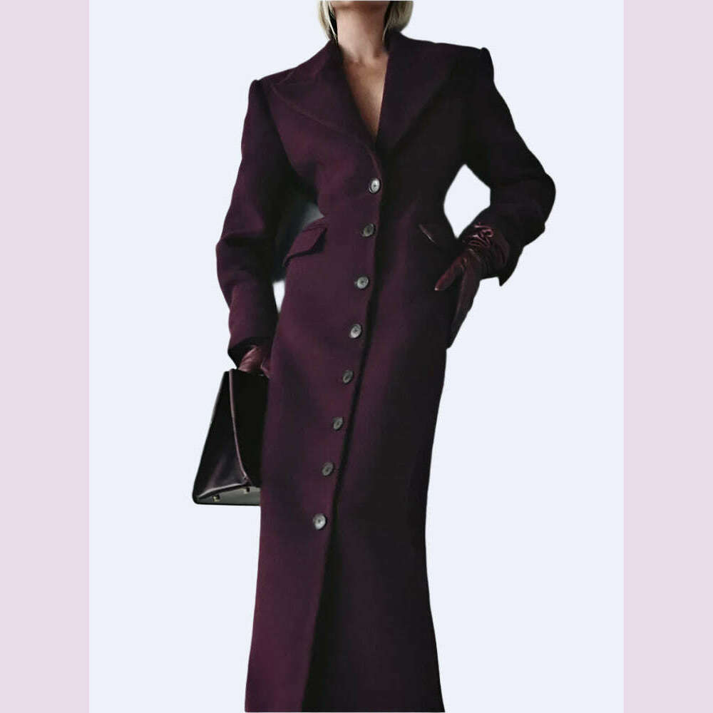 Elegant Wine Red Waist Up Wool Blend Long Jacket Women Chic Lapel Collar Single Breast Overcoat 2025 Autumn Lady High Streetwear - KIMLUD