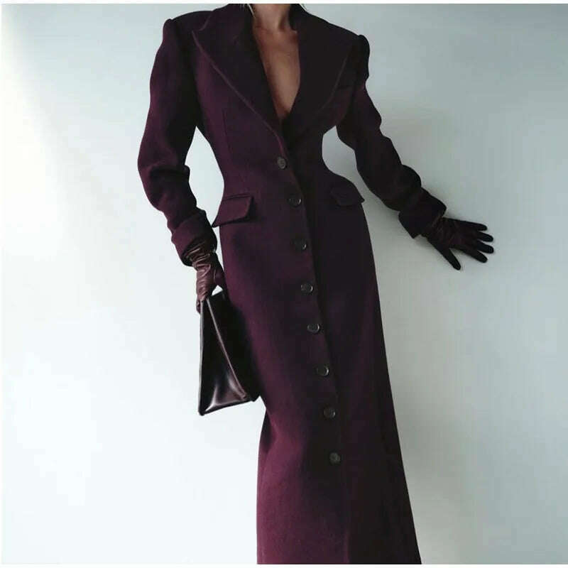 Elegant Wine Red Waist Up Wool Blend Long Jacket Women Chic Lapel Collar Single Breast Overcoat 2025 Autumn Lady High Streetwear - KIMLUD