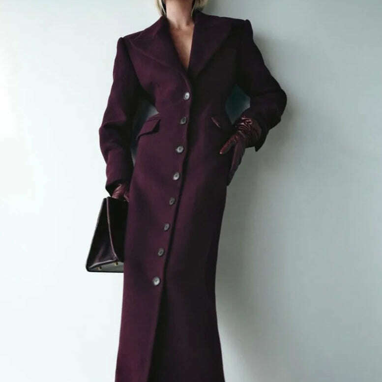 Elegant Wine Red Waist Up Wool Blend Long Jacket Women Chic Lapel Collar Single Breast Overcoat 2025 Autumn Lady High Streetwear - KIMLUD