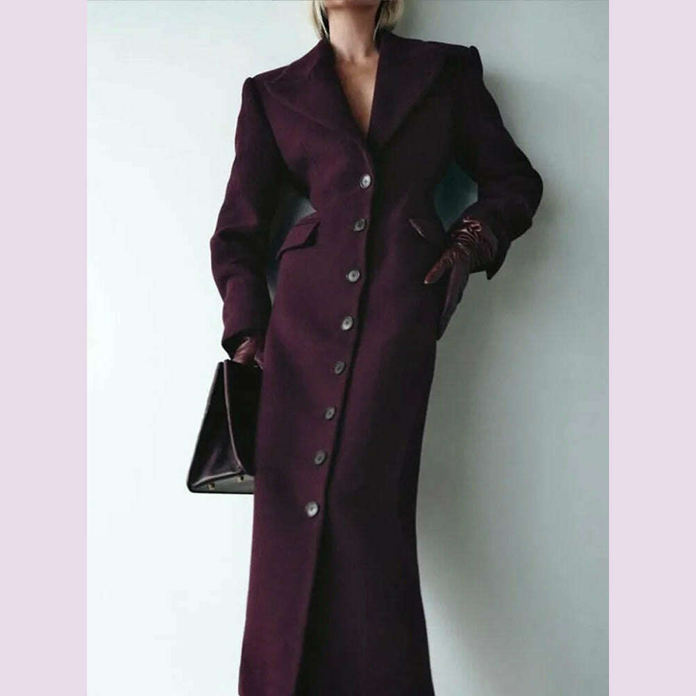 Elegant Wine Red Waist Up Wool Blend Long Jacket Women Chic Lapel Collar Single Breast Overcoat 2025 Autumn Lady High Streetwear - KIMLUD