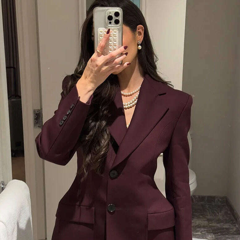 Elegant Wine Red Waist Up Wool Blend Long Jacket Women Chic Lapel Collar Single Breast Overcoat 2025 Autumn Lady High Streetwear - KIMLUD