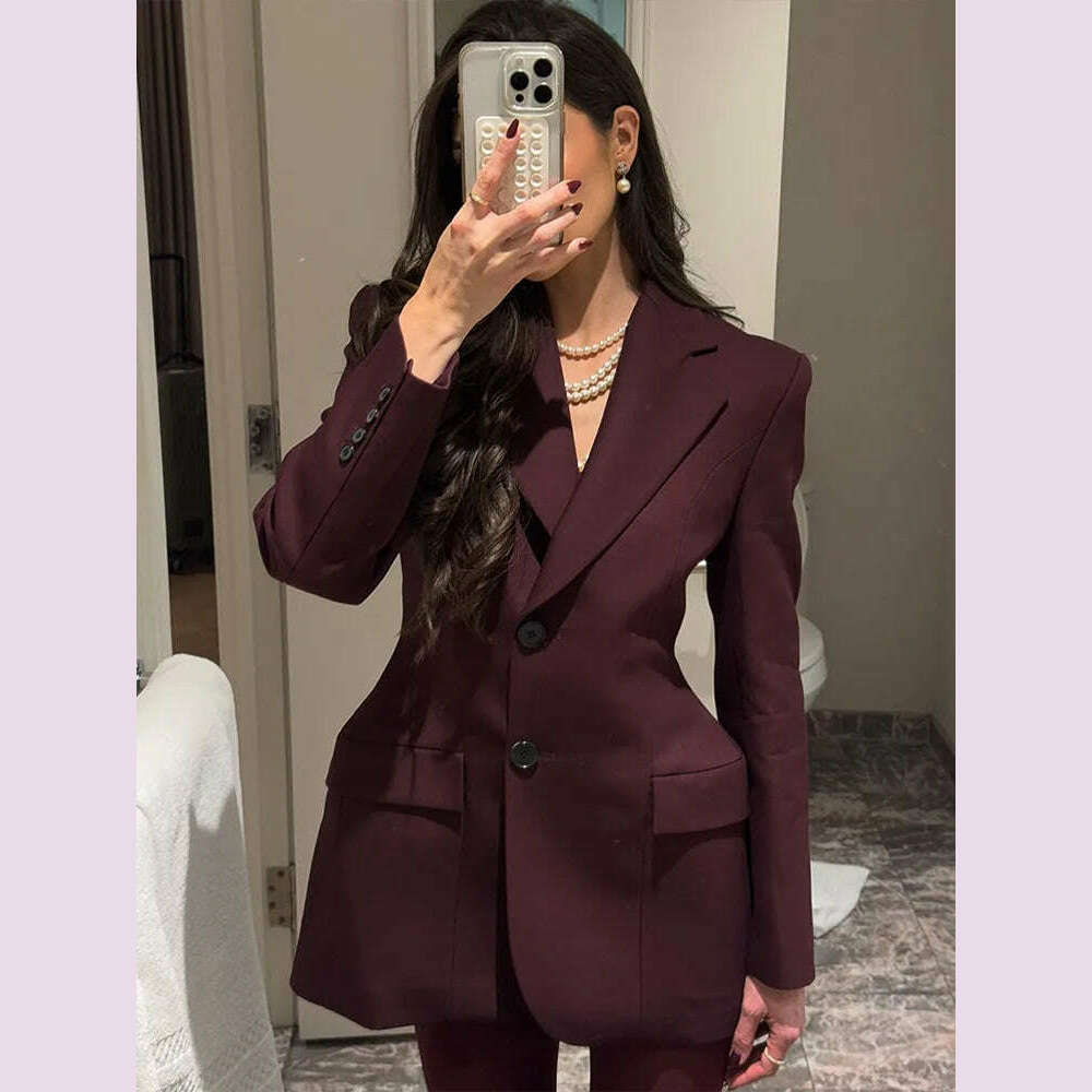Elegant Wine Red Waist Up Wool Blend Long Jacket Women Chic Lapel Collar Single Breast Overcoat 2025 Autumn Lady High Streetwear - KIMLUD