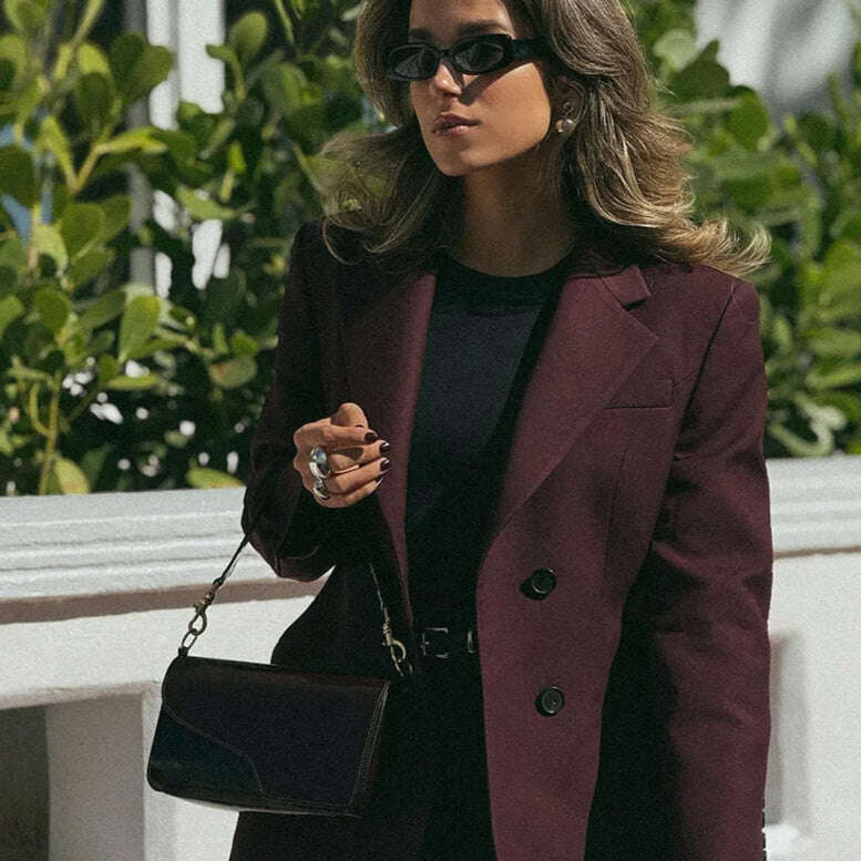 Elegant Wine Red Waist Up Wool Blend Long Jacket Women Chic Lapel Collar Single Breast Overcoat 2025 Autumn Lady High Streetwear - KIMLUD