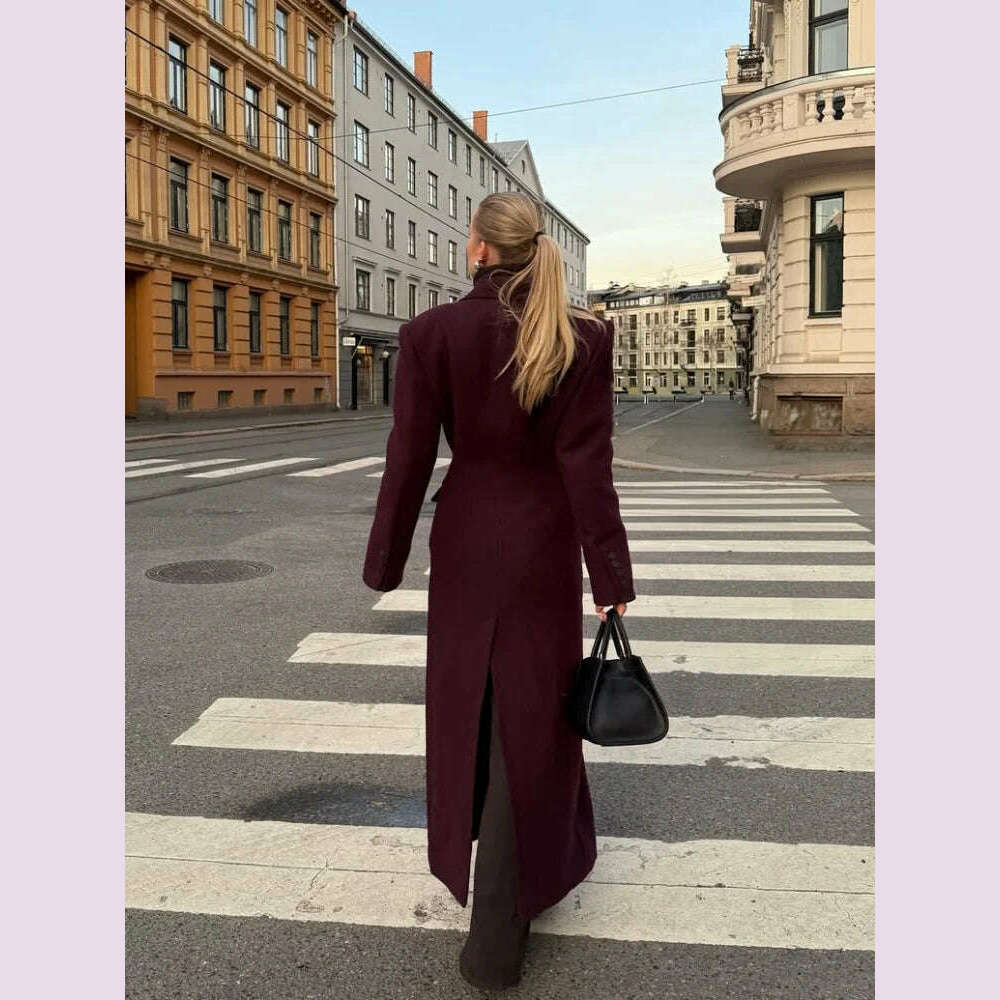 Elegant Wine Red Waist Up Wool Blend Long Jacket Women Chic Lapel Collar Single Breast Overcoat 2025 Autumn Lady High Streetwear - KIMLUD