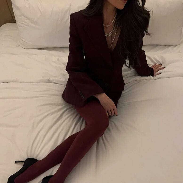 Elegant Wine Red Waist Up Wool Blend Long Jacket Women Chic Lapel Collar Single Breast Overcoat 2025 Autumn Lady High Streetwear - KIMLUD
