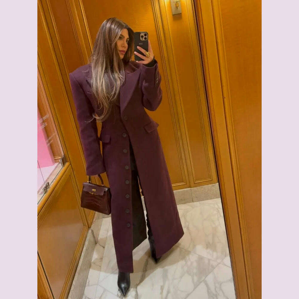 Elegant Wine Red Waist Up Wool Blend Long Jacket Women Chic Lapel Collar Single Breast Overcoat 2025 Autumn Lady High Streetwear - KIMLUD