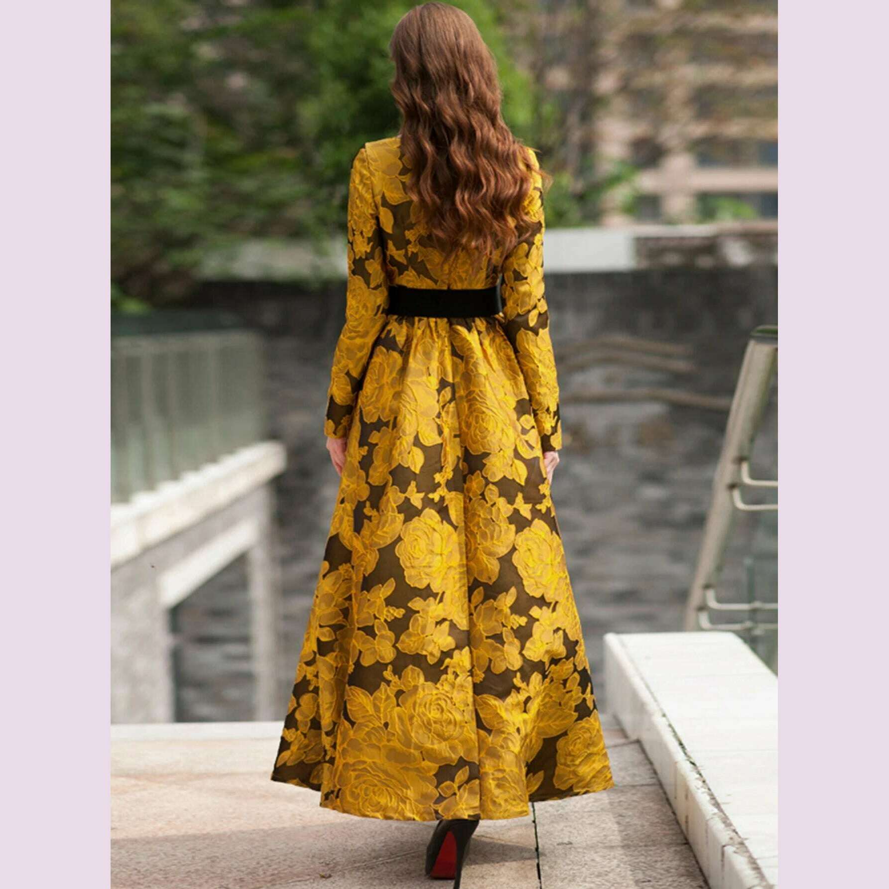 Elegant Women Floral Long Maxi Dress Jacquard Evening Party Boho Fall Winter Vintage Dress Ladies A-Line Robe - KIMLUD