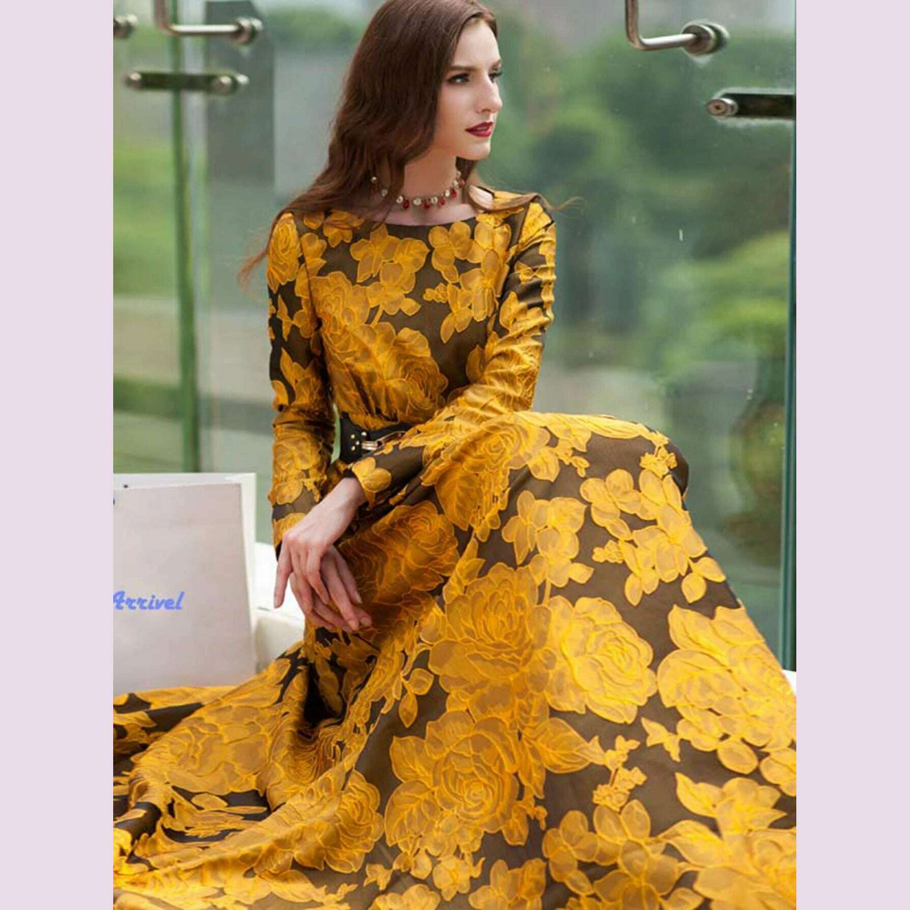 Elegant Women Floral Long Maxi Dress Jacquard Evening Party Boho Fall Winter Vintage Dress Ladies A-Line Robe - KIMLUD