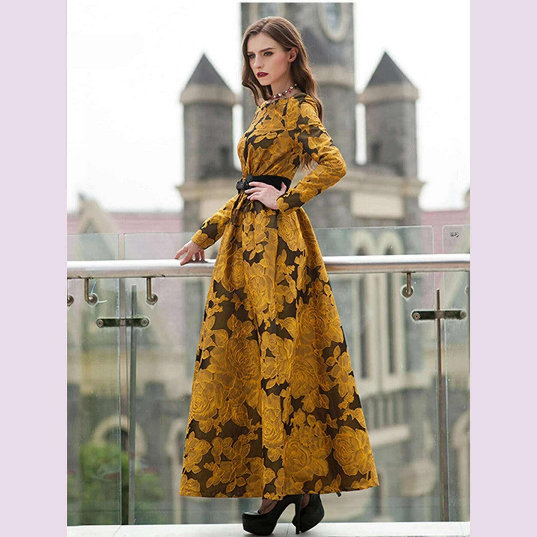 Elegant Women Floral Long Maxi Dress Jacquard Evening Party Boho Fall Winter Vintage Dress Ladies A-Line Robe - KIMLUD