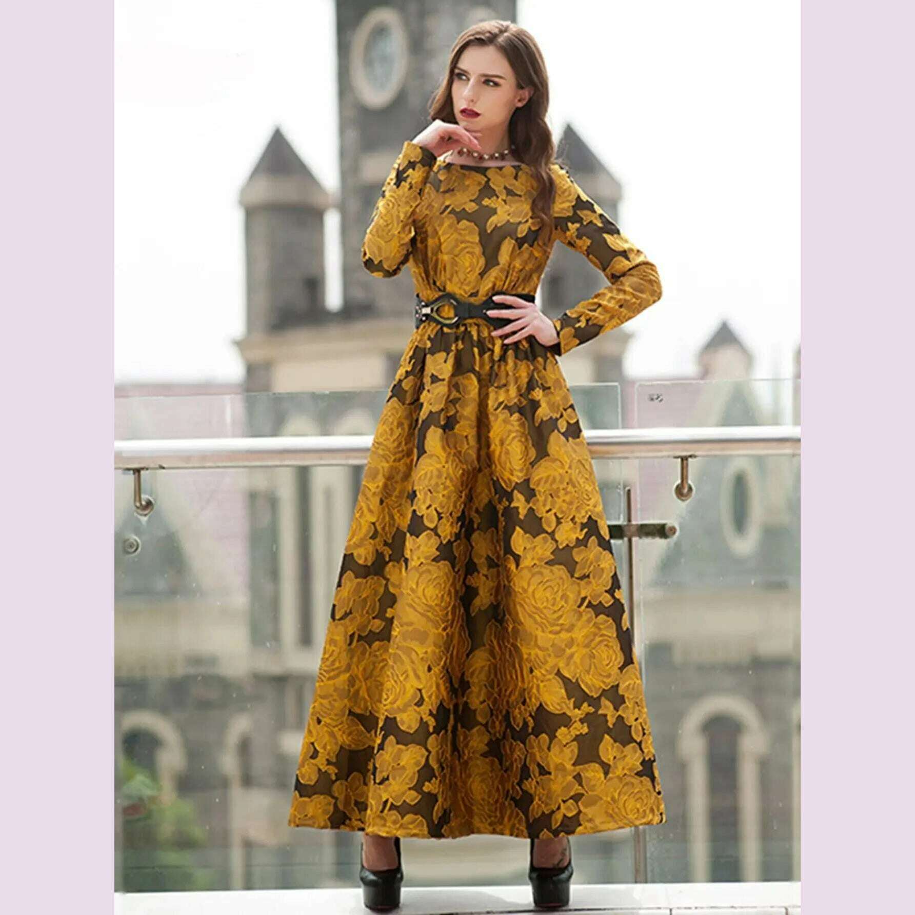 Elegant Women Floral Long Maxi Dress Jacquard Evening Party Boho Fall Winter Vintage Dress Ladies A-Line Robe - KIMLUD