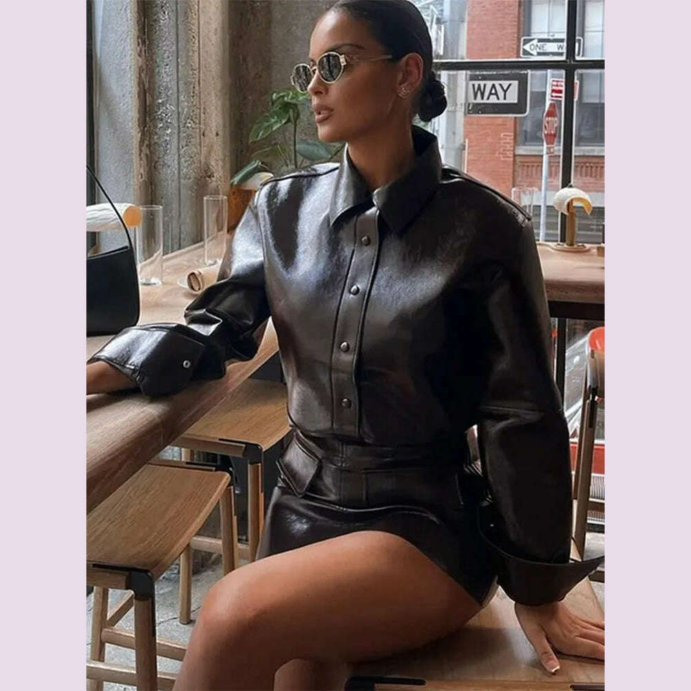 KIMLUD, Elegant Women Leather Jacket Skirt Suit Turn Down Collar Single Breasted Female Coat High Waist Mini Skirts Lady Two Piece Sets, KIMLUD Womens Clothes