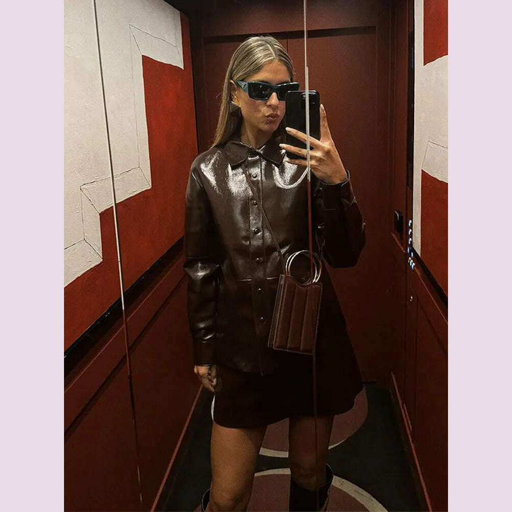 KIMLUD, Elegant Women Leather Jacket Skirt Suit Turn Down Collar Single Breasted Female Coat High Waist Mini Skirts Lady Two Piece Sets, KIMLUD Womens Clothes
