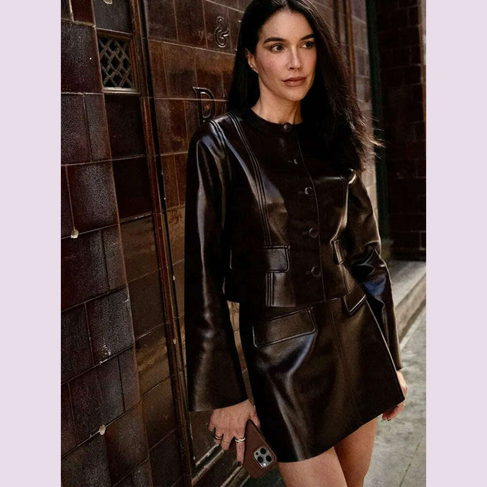 KIMLUD, Elegant Women Leather Jacket Skirt Suit Turn Down Collar Single Breasted Female Coat High Waist Mini Skirts Lady Two Piece Sets, KIMLUD Womens Clothes