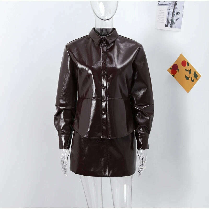 KIMLUD, Elegant Women Leather Jacket Skirt Suit Turn Down Collar Single Breasted Female Coat High Waist Mini Skirts Lady Two Piece Sets, KIMLUD Womens Clothes