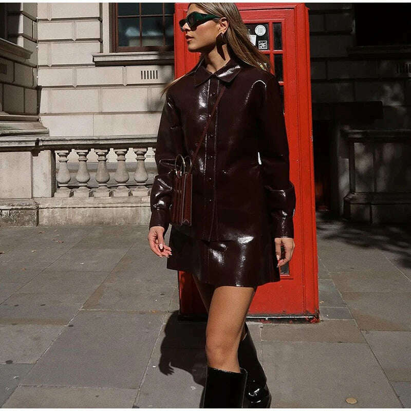 KIMLUD, Elegant Women Leather Jacket Skirt Suit Turn Down Collar Single Breasted Female Coat High Waist Mini Skirts Lady Two Piece Sets, KIMLUD Womens Clothes