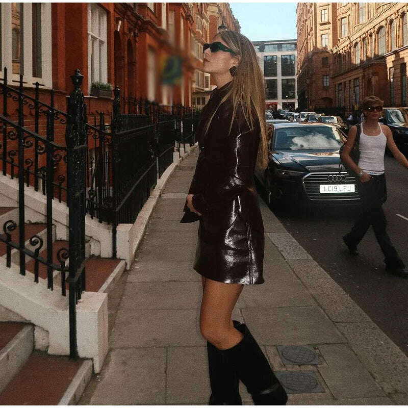 KIMLUD, Elegant Women Leather Jacket Skirt Suit Turn Down Collar Single Breasted Female Coat High Waist Mini Skirts Lady Two Piece Sets, KIMLUD Womens Clothes