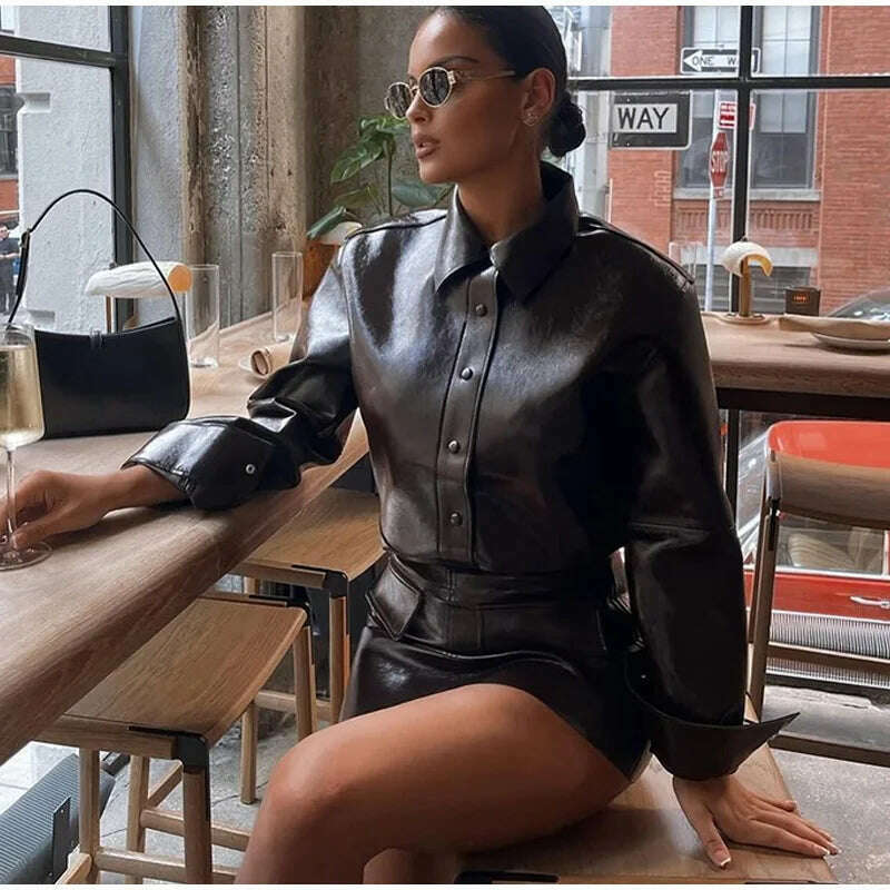 KIMLUD, Elegant Women Leather Jacket Skirt Suit Turn Down Collar Single Breasted Female Coat High Waist Mini Skirts Lady Two Piece Sets, KIMLUD Womens Clothes