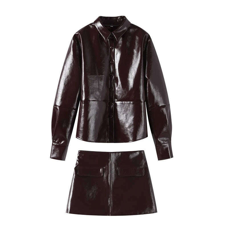 KIMLUD, Elegant Women Leather Jacket Skirt Suit Turn Down Collar Single Breasted Female Coat High Waist Mini Skirts Lady Two Piece Sets, Lapel Sets / M, KIMLUD APPAREL - Womens Clothes