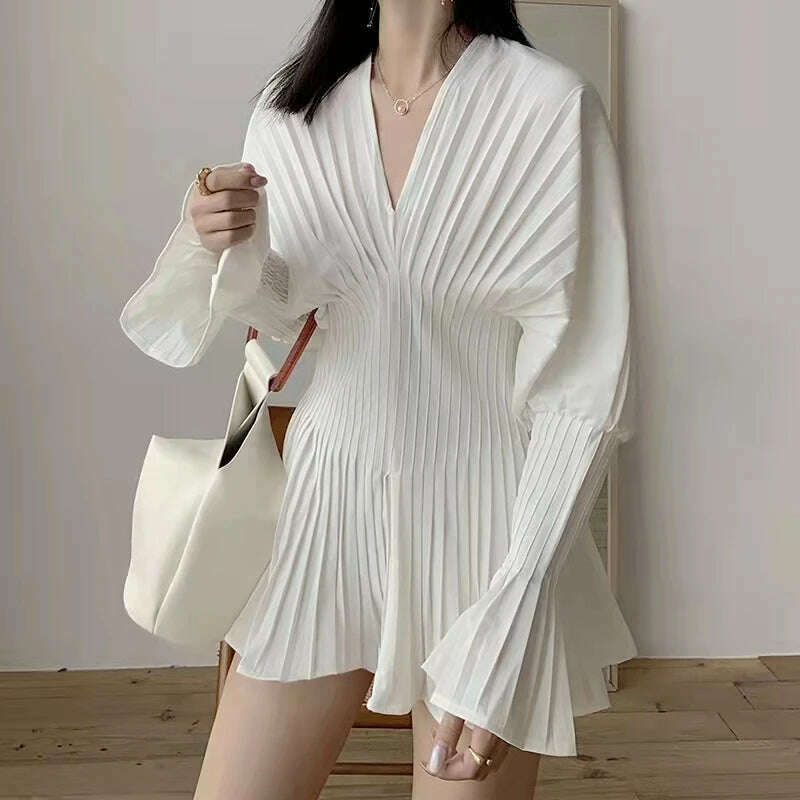 KIMLUD, Elegant Women Loose White V-Neck Pleated Shirts Female Full Sleeve Tops Blouses Casual Blusas 2023 Spring Autumn Mini Dress DS4, KIMLUD Women's Clothes