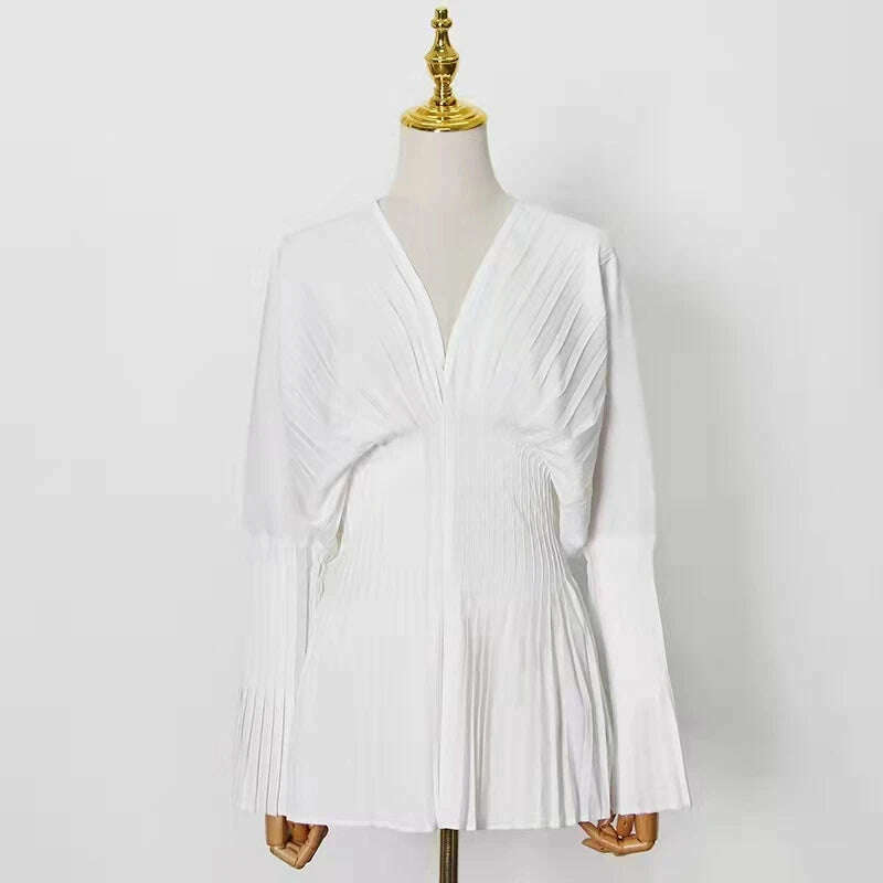 KIMLUD, Elegant Women Loose White V-Neck Pleated Shirts Female Full Sleeve Tops Blouses Casual Blusas 2023 Spring Autumn Mini Dress DS4, White / S, KIMLUD APPAREL - Womens Clothes