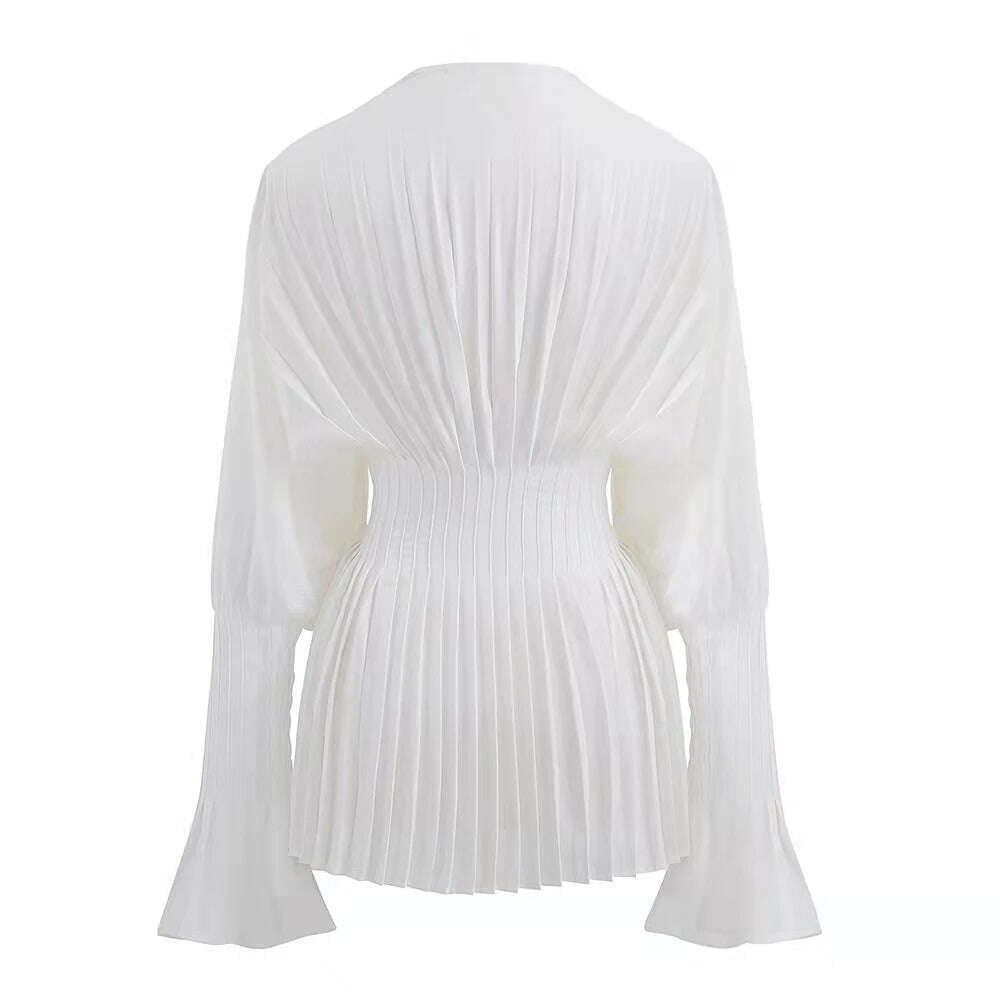 KIMLUD, Elegant Women Loose White V-Neck Pleated Shirts Female Full Sleeve Tops Blouses Casual Blusas 2023 Spring Autumn Mini Dress DS4, KIMLUD Womens Clothes