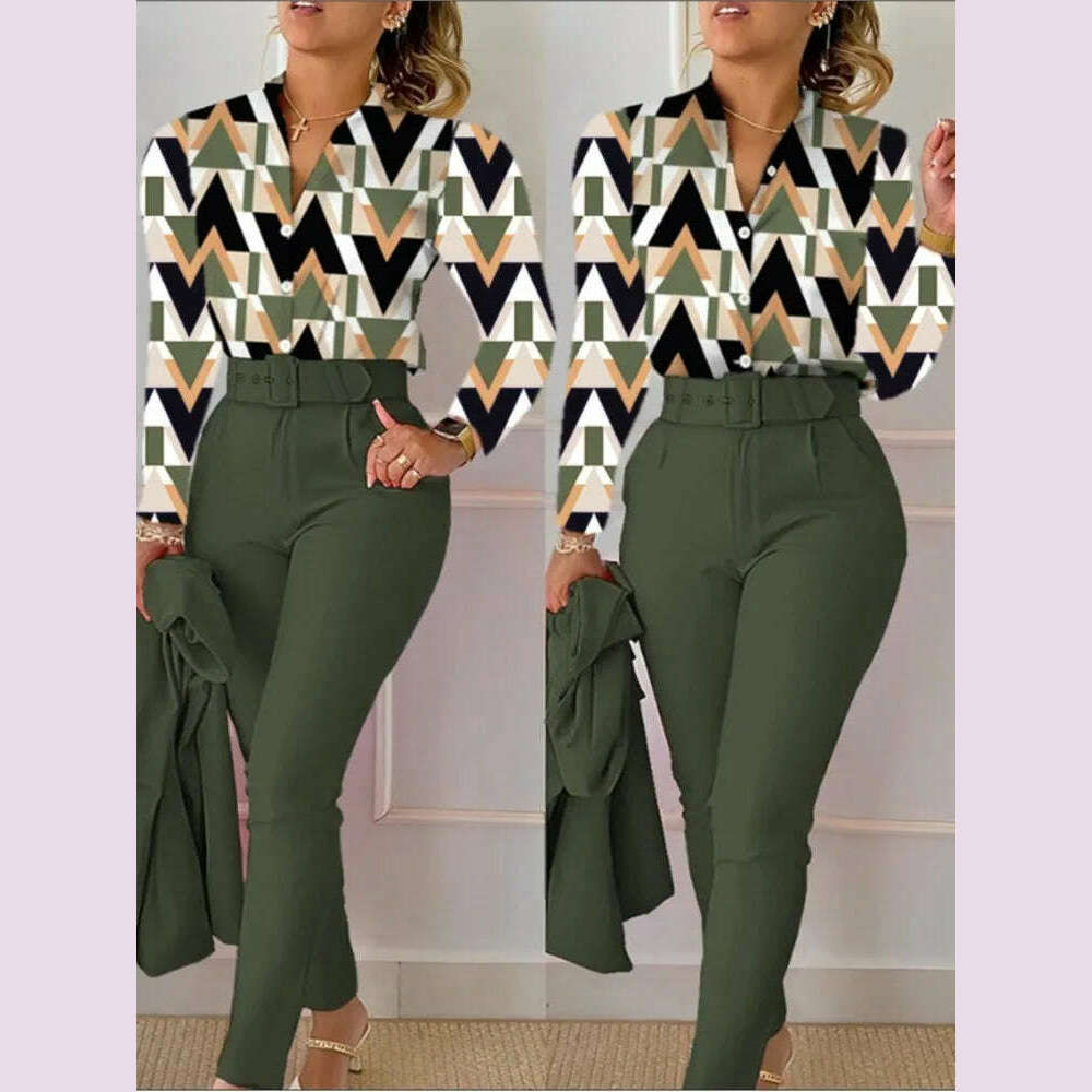 Elegant Women Printed Two Piece Suit Sets Autumn Winter V Neck Long Sleeve Shirt Top & Long Pants Set With Belt Workwear Outfits - KIMLUD