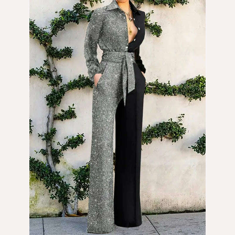 KIMLUD, Elegant Women's Jumpsuits Long Sleeve Button Lapel Print Belt Office Lady Jumpsuit Spring Autumn Casual Work Clothes Playsuits, Silver / S, KIMLUD APPAREL - Womens Clothes