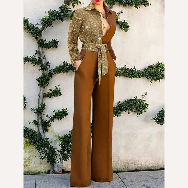 KIMLUD, Elegant Women's Jumpsuits Long Sleeve Button Lapel Print Belt Office Lady Jumpsuit Spring Autumn Casual Work Clothes Playsuits, Yellow / S, KIMLUD APPAREL - Womens Clothes