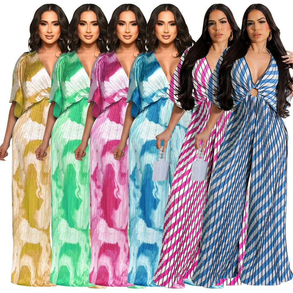 Elegant Women's Printed Pleated Jumpsuit Summer Sexy V-neck Short Sleeve Print High Waist Wide-leg Pants Casual Loose Jumpsuit - KIMLUD